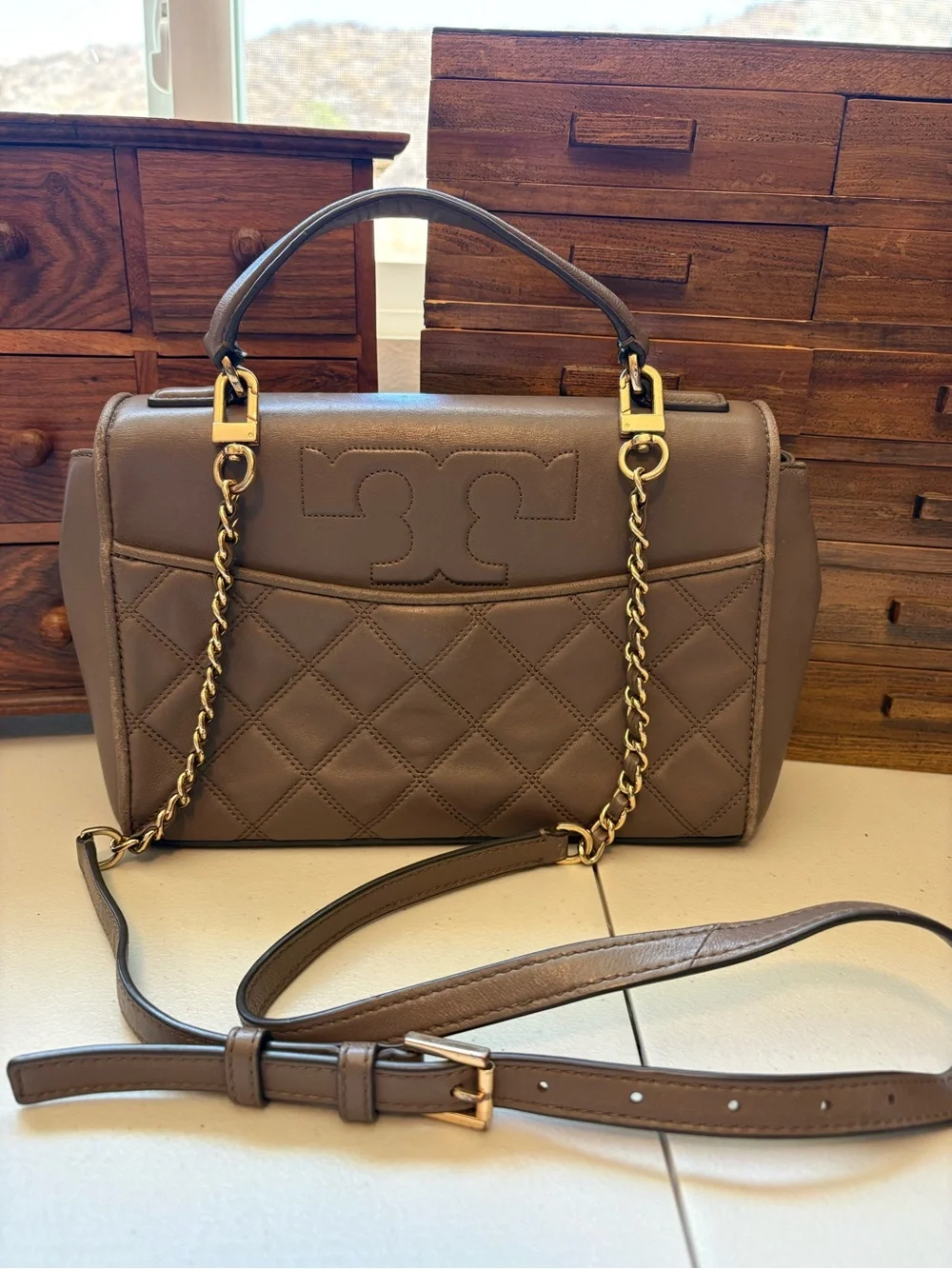 Tory Burch Savannah Top Handle Bag taupe crossbody purse